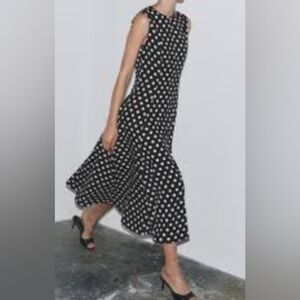 Black Polka Dot Midi Dress - Sleeveless Flared Hem
